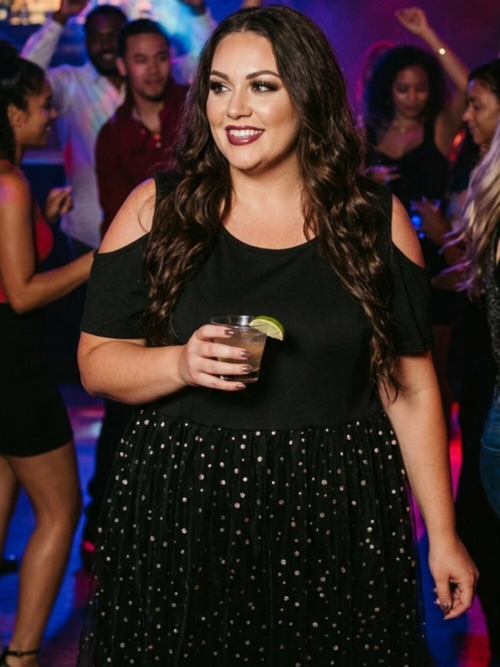 Black Cold Shoulder Polka Dot Tulle Dress - Size 3X